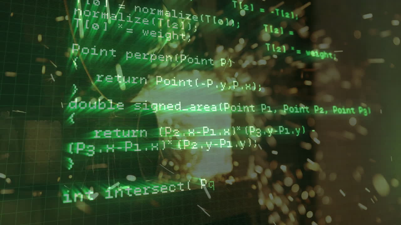 Green code text floating over metal workshop in 3D render showing flying sparks and grid interface