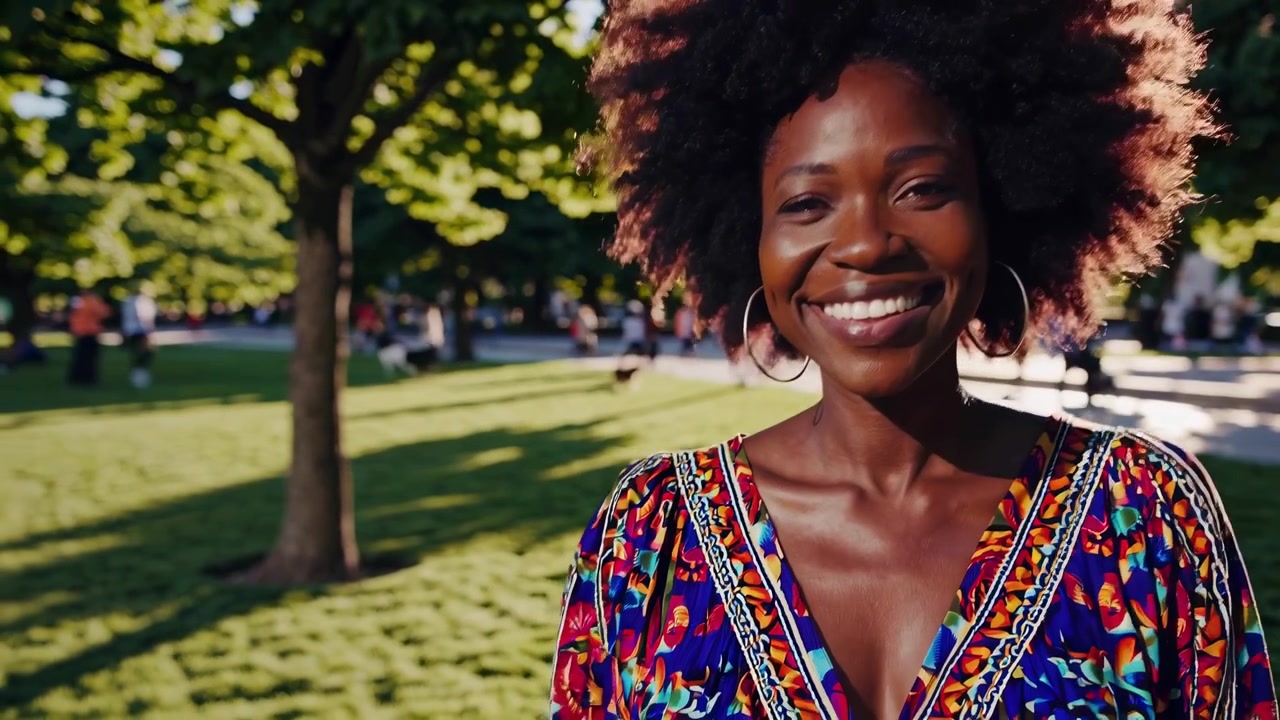 Donna afroamericana felice con capelli afro sorridente in un parco soleggiato