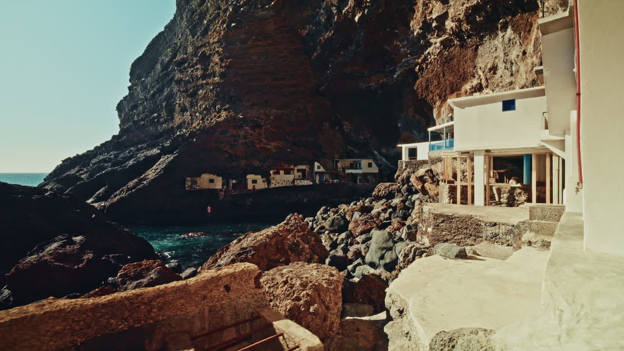 Panoramic view inside the Porís de Candelaria in Palma Island, Canary Islands, Spain. Fishing village inside a rugged coastline cave. Hidden Gem.