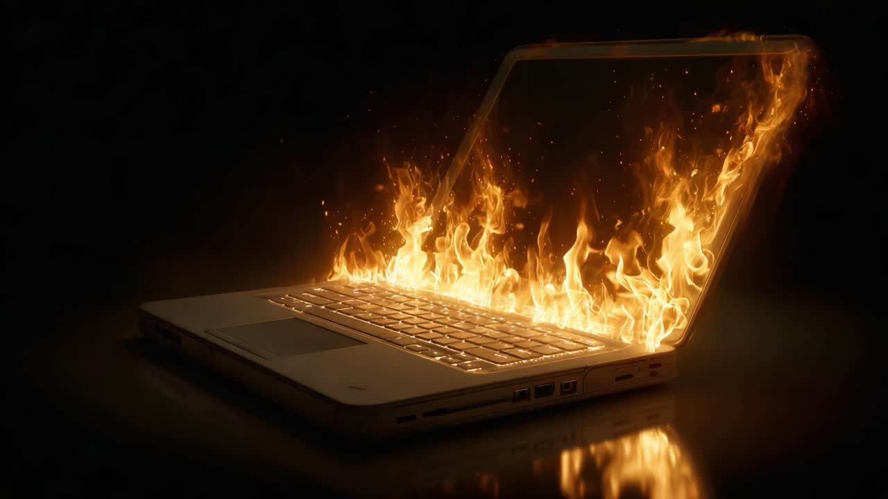 An Intense Visual of a Laptop Engulfed in Flames, Demonstrating the Dangers of Overheating or Electrical Failures with Fiery Effects and a Dark Background