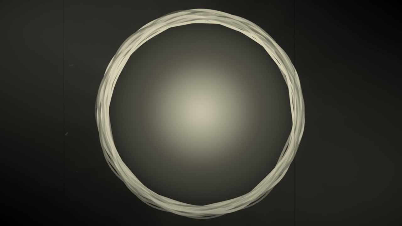 A retro animation loop showing twisted threads formed into a ring form while separate fibers revolve around the center, added with aged film grain and scratches