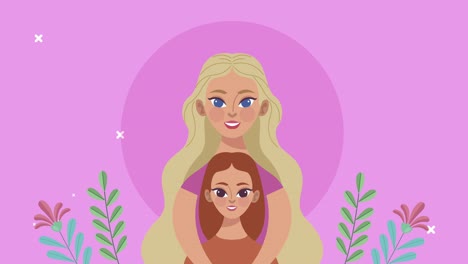 cute mother and daughter characters with floral decoration