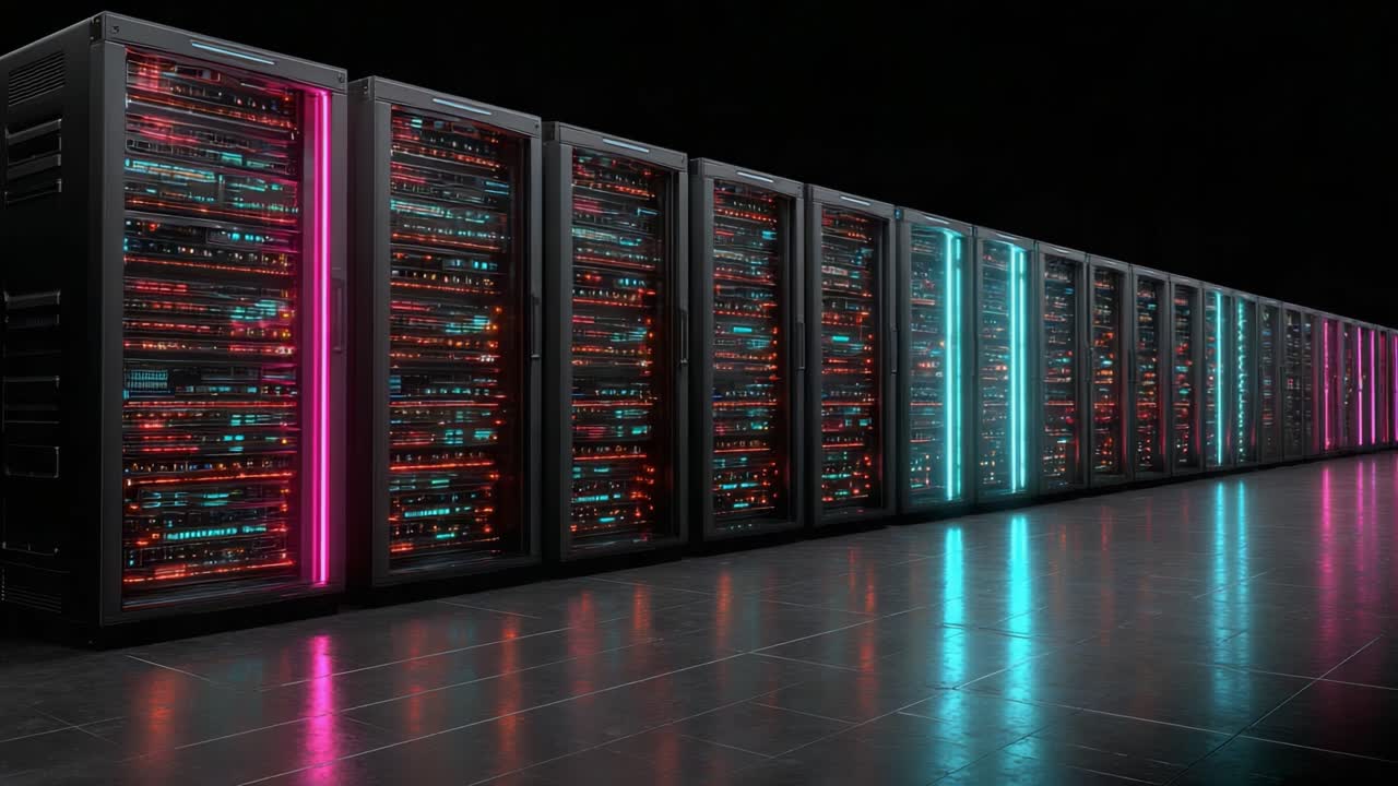 Imponerende fremvisning af moderne datacentralteknologi med farverige, belyste serverracks i et mørkt og elegant miljø