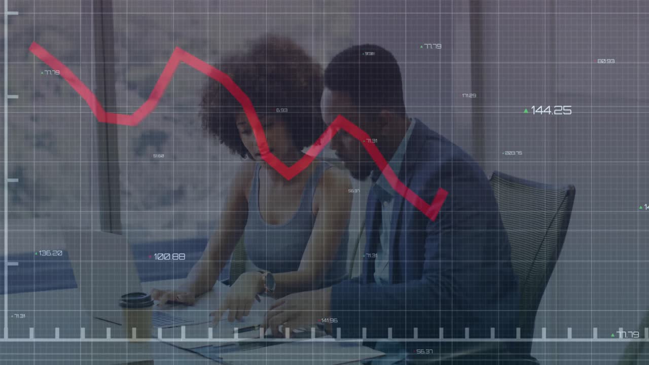 사무실에서 보고서를 논의하는 다양한 동료들에 대한 변화하는 숫자를 가진 그래프의 애니메이션