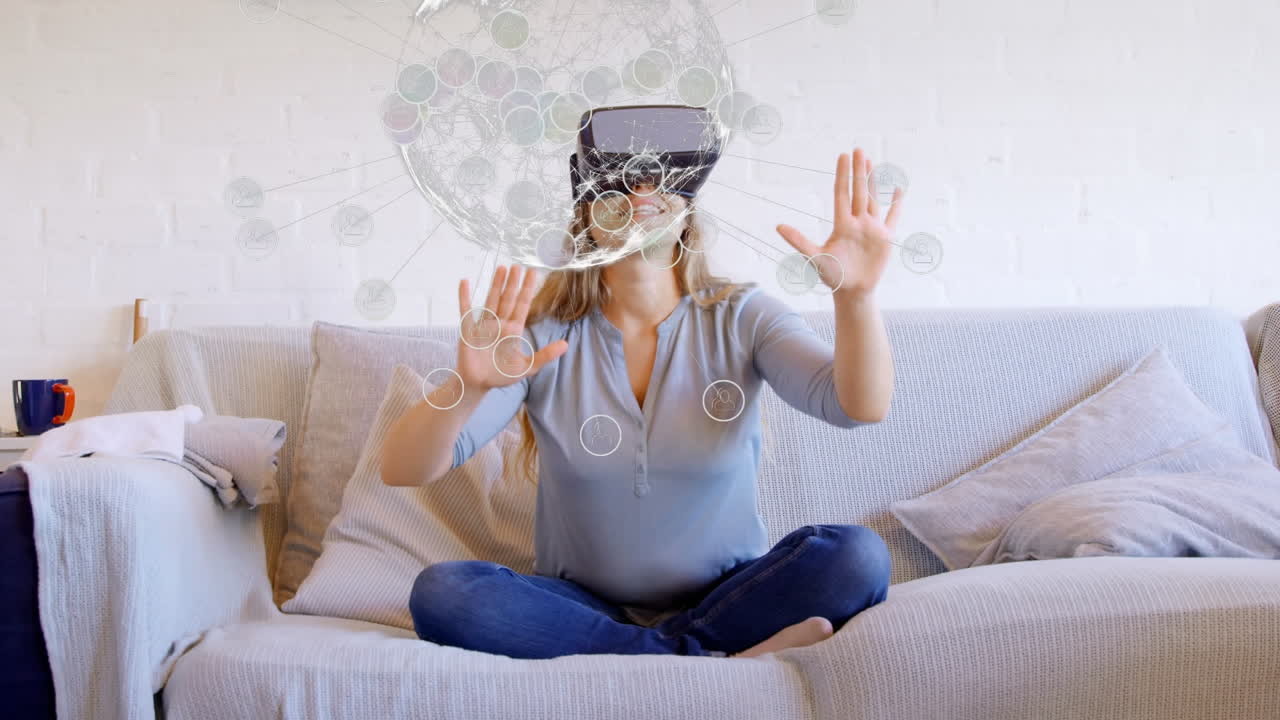 Animation of network of connections, globe and data processing over woman in vr headset