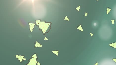 Animation-Von-Weihnachtsbäumen-über-Lichtern-Und-Grünem-Hintergrund