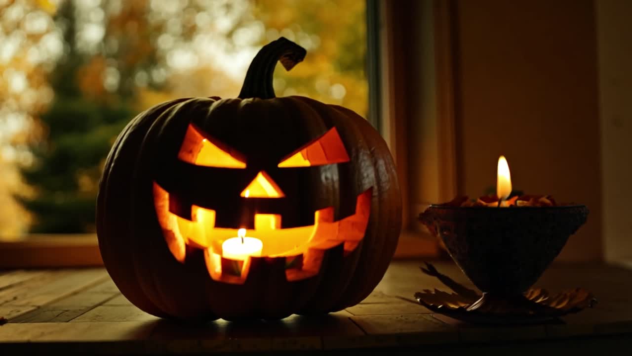 Halloween Jack-o'-Lantern with Candlelight