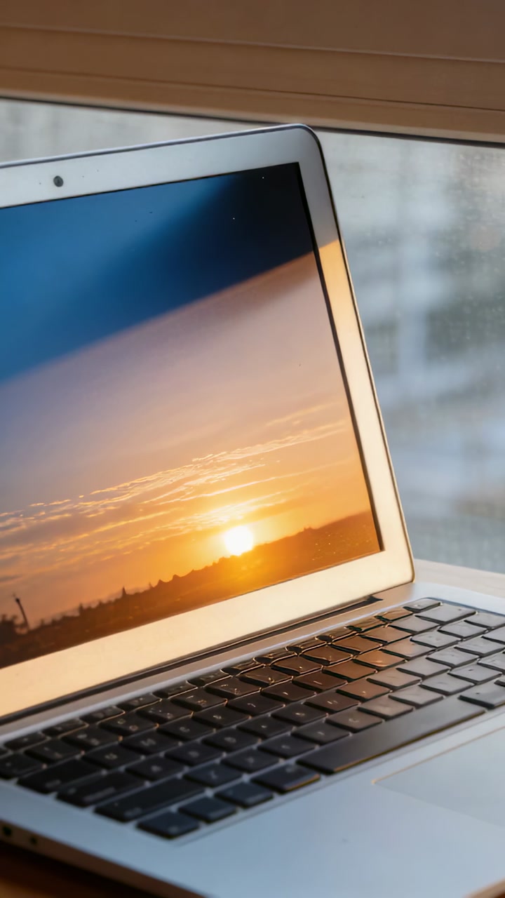 Vertical video: Showing open laptop cycling sunset on desk by window blinds, reflections shifting