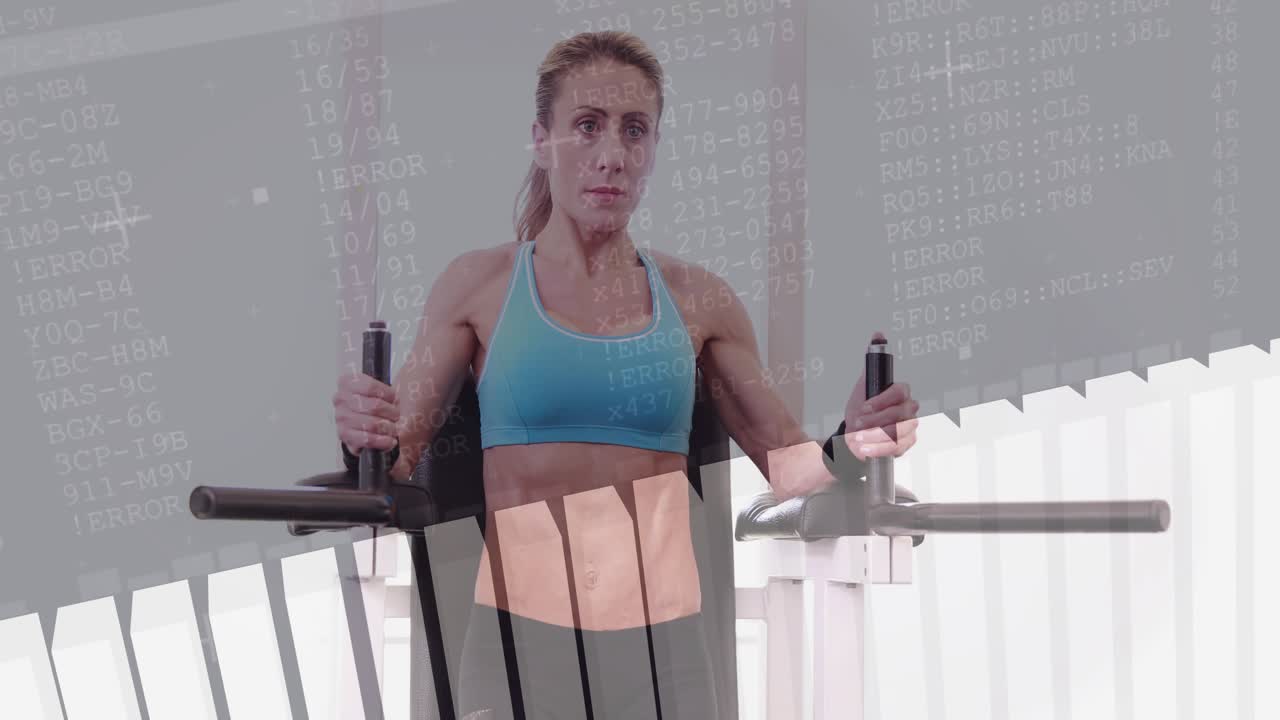 Woman gripping handles and repeating knee raises, bar charts and line graph tracking core strength