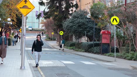 people crossing street near parked van