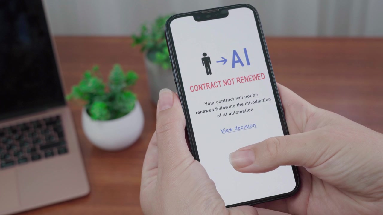 Un lavoratore legge un messaggio di automazione AI su uno schermo mobile che dichiara che il suo contratto non sarà rinnovato.