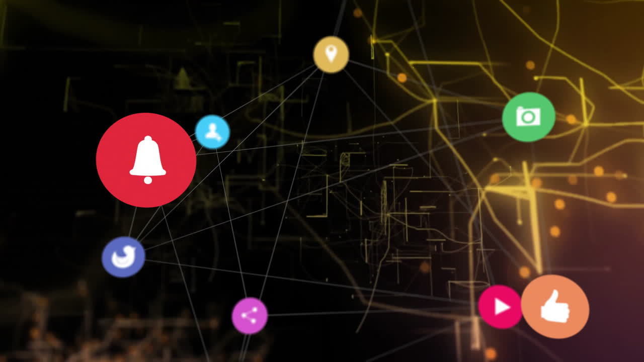 Digital cityscape with animation of colorful app icons connected by lines