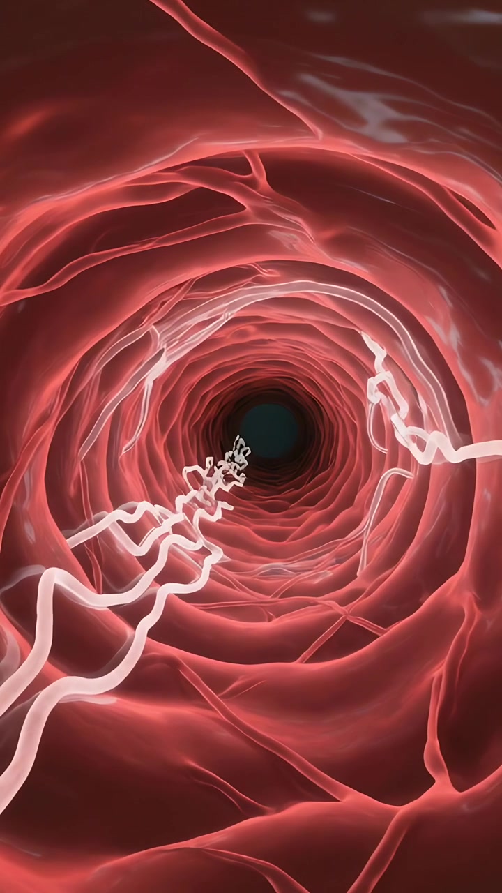 Video vertical: Punto de vista avanzando a través de un pasaje tubular rojo, filamentos enrollándose hacia adentro