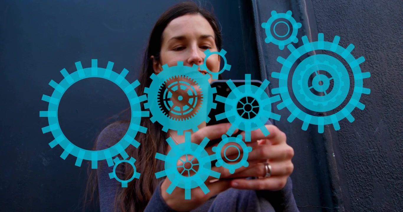 Looking down, woman tapping and scrolling phone while camera tilts, blue gears showing app control