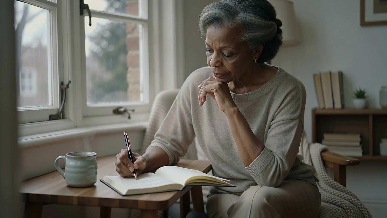 Placing open notebook senior Black woman journaling in living-room nook, wearing beige sweater