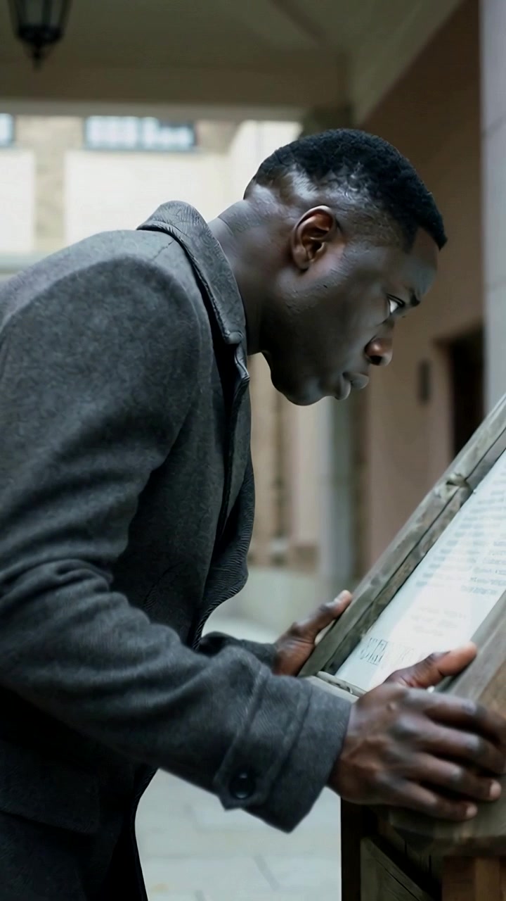 Vertical video: Glancing at case, man in grey coat leaning and reading plaque on pedestal in arcade