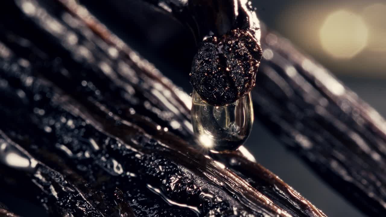 Static macro shot of an open vanilla pod with a drop of essence suspended above, about to fall. Cinematic lighting, dark background, emphasizing the rich texture and natural detail of the vanilla.