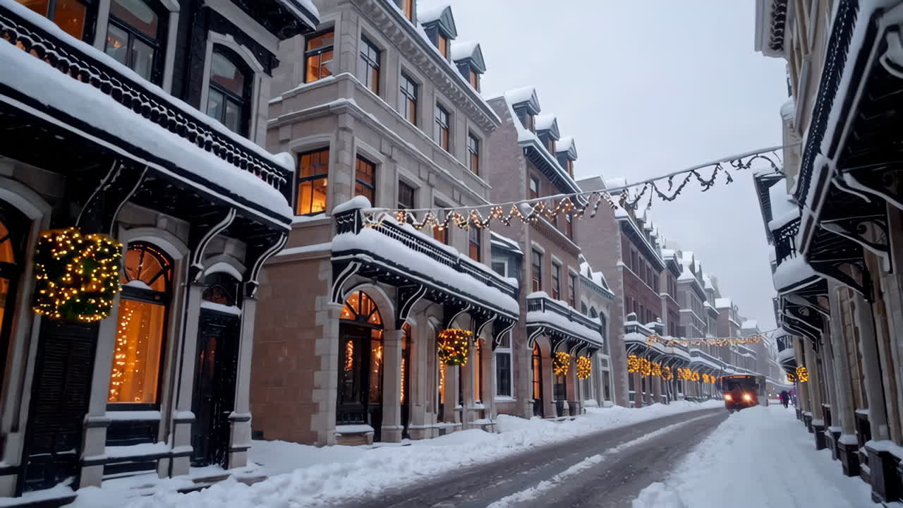 A charming snow-covered street adorned with festive Christmas lights