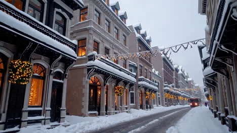 a charming snow-covered street adorned with festive christmas lights