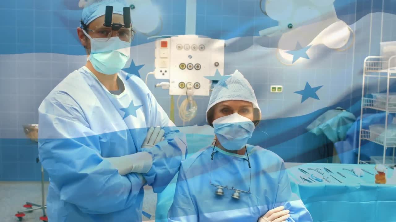 Animation of flag of honduras waving over surgeons in face masks