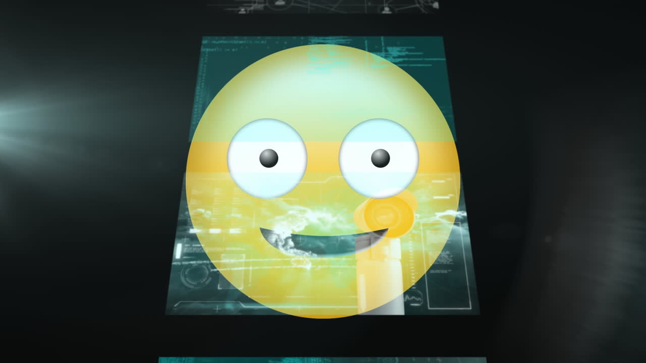 Animation of happy emoji icon over moving screens on black background