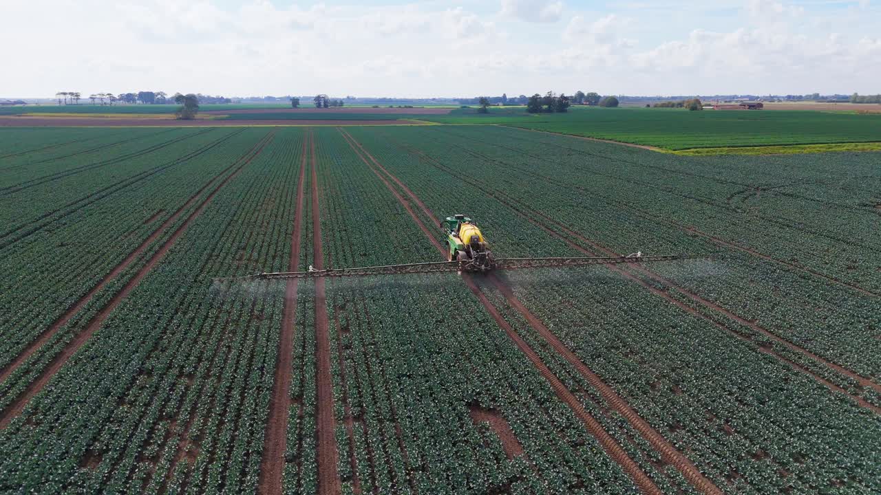 Crop spraying process of insecticides, pesticides, fungicides and other preventative treatments onto crops in a field of broccoli and cabbages, Aerial footage, rural farming in the UK