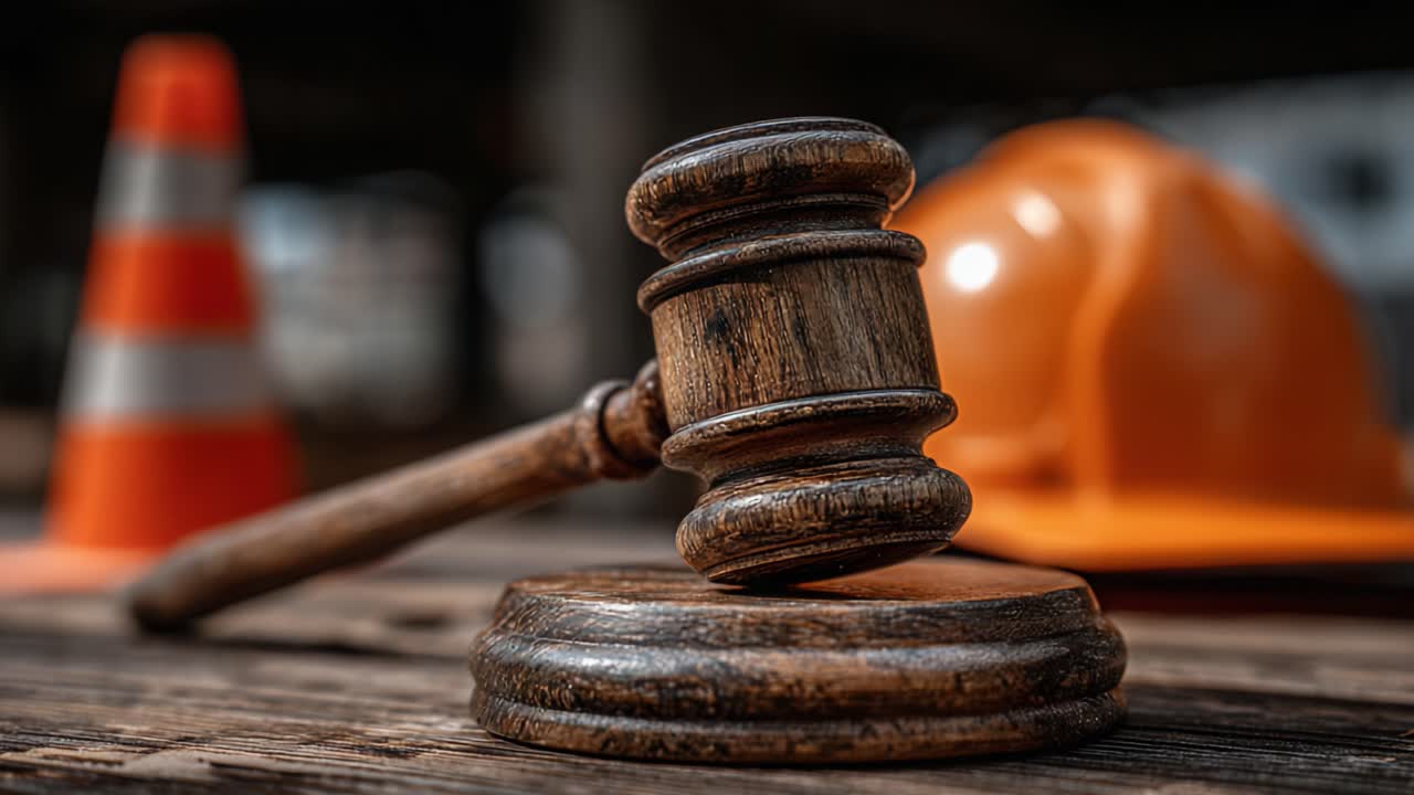 Un primo piano di un martelletto di legno su un tavolo accanto a un casco di sicurezza e un cono stradale, evidenziando temi legali e di sicurezza nell'edilizia