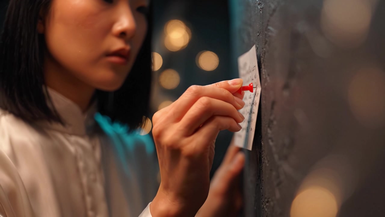 A focused woman pinning a note onto a textured wall, surrounded by softly glowing lights that create a warm and inviting atmosphere, deep in thought and creativity.
