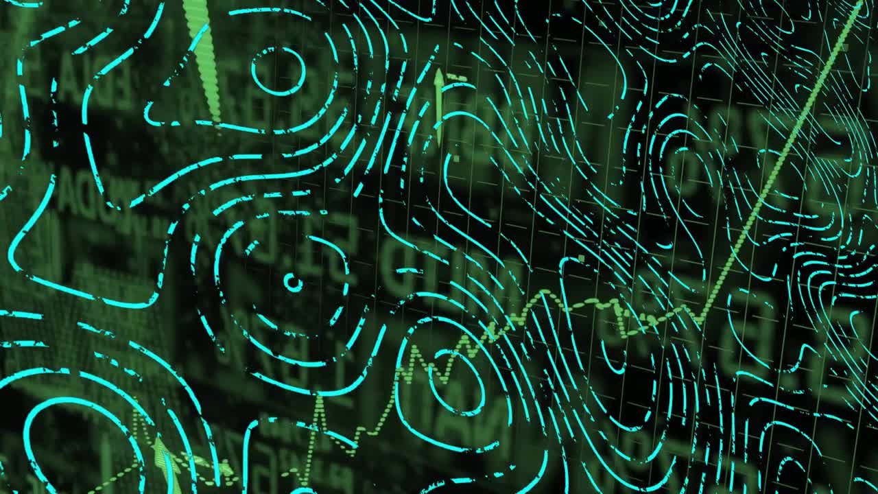 Camera sliding teal lines on panel shifting, waveform waving, arrow pulsing rising showing data