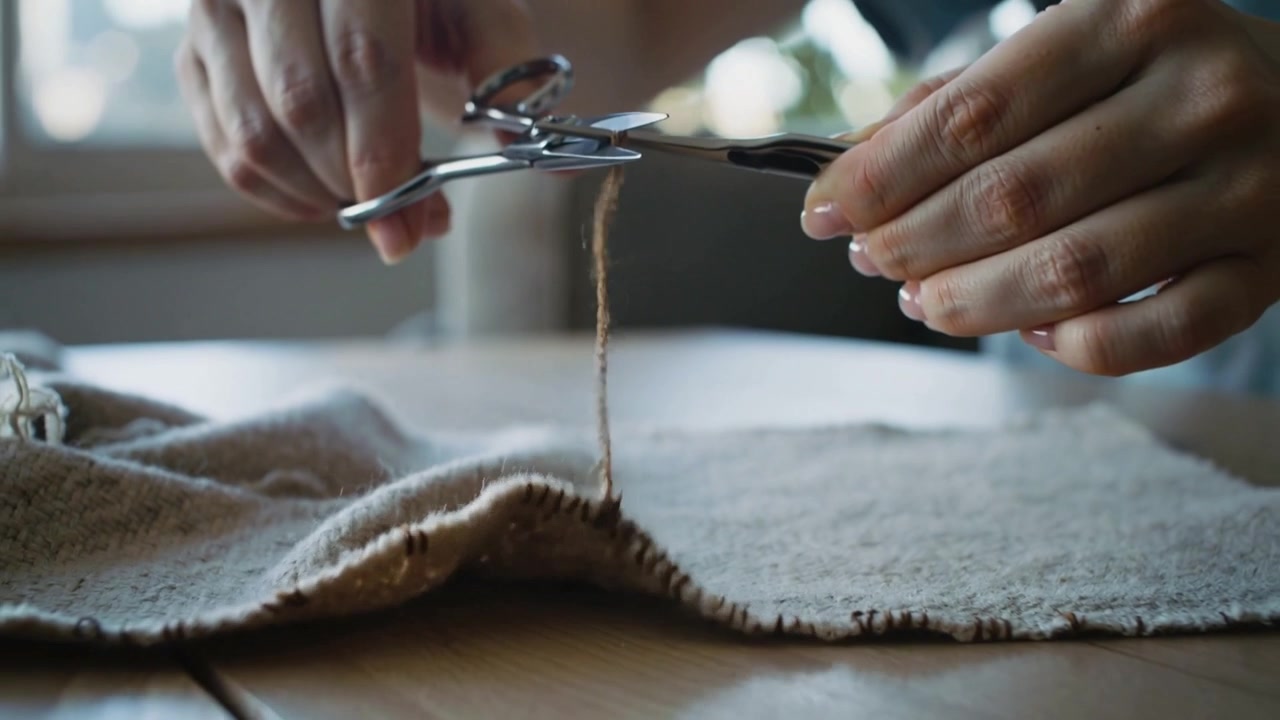 Spotting loose yarn blue-sleeved hands trimming knit seam using scissors at table by window mending