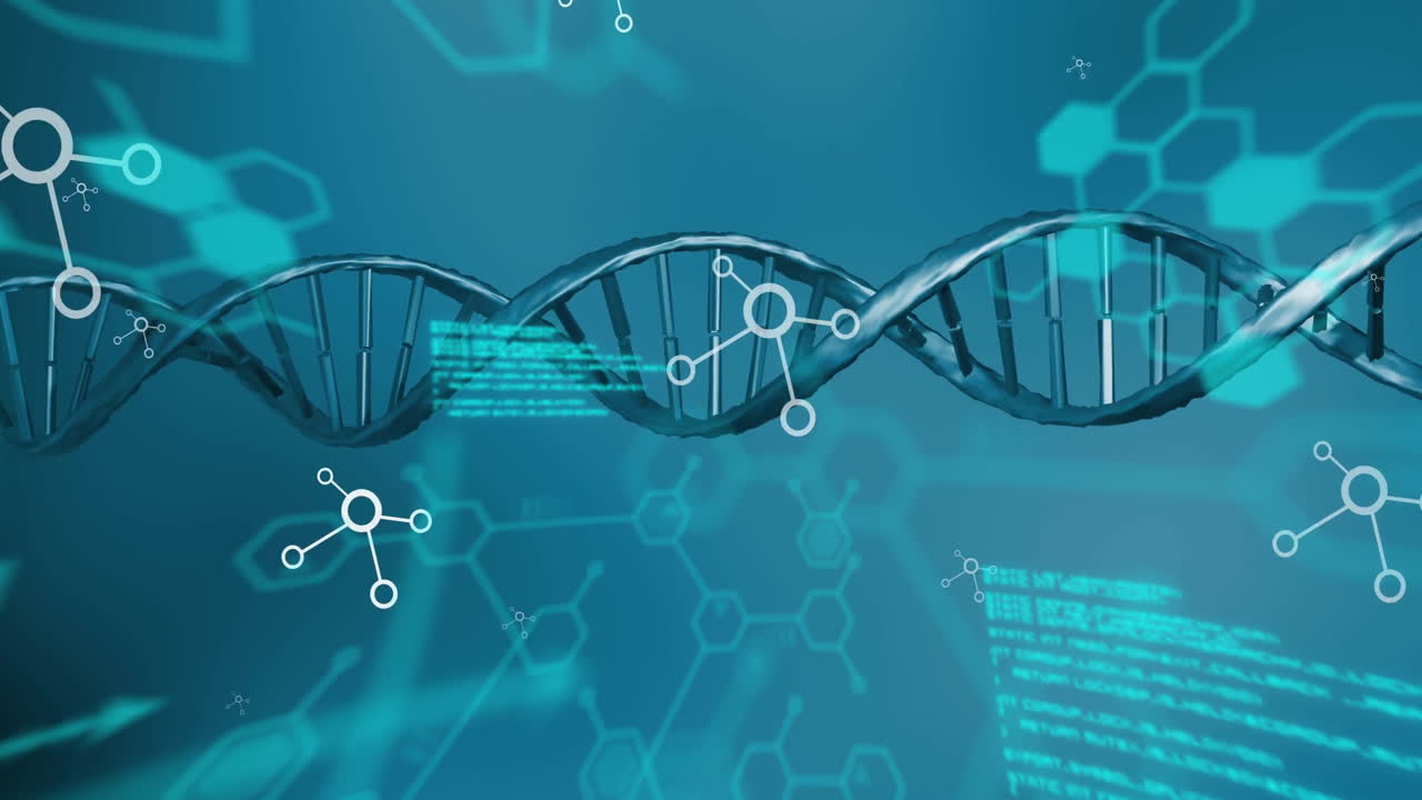 Animation of networks and data processing over dna on blue background