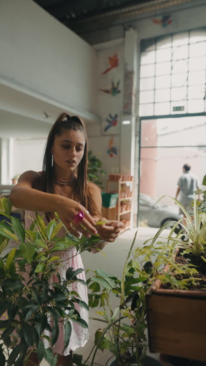 Woman tending to plants in indoor daylight setting