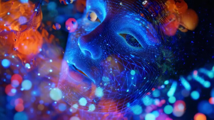 A mesmerizing exploration of digital beauty, revealing a stunning face adorned with intricate patterns and luminous colors, blending technology with artistic representation in a captivating visual experience