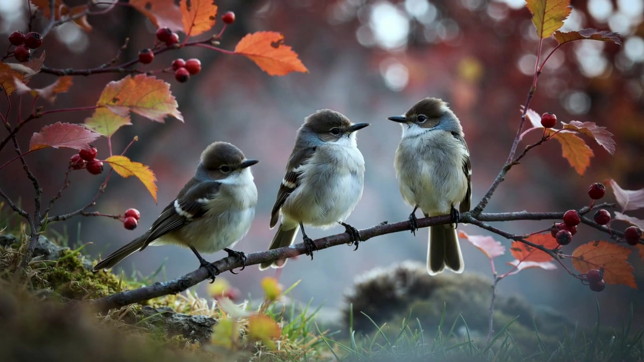 Un uccello che si alza attirando sguardi, mentre tre piccoli uccelli si spostano su un ramo di bacche al bordo del giardino, in equilibrio.