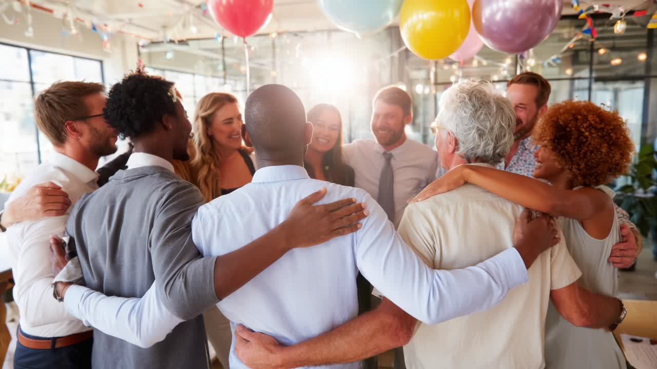 Una vivace celebrazione di gruppo piena di gioia e connessione, in cui le persone si uniscono con risate e calore sotto palloncini colorati in un ambiente ufficio moderno
