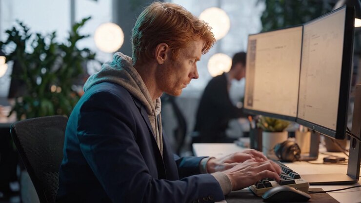 Focused Professional Working at a Computer Desk in a Modern Office Environment, Engaged in Task with Dual Monitors and Creative Workspace Elements Around Him