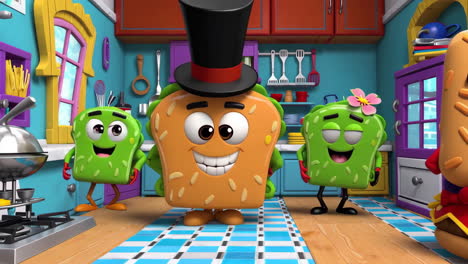 funny animated food characters in a cartoon kitchen