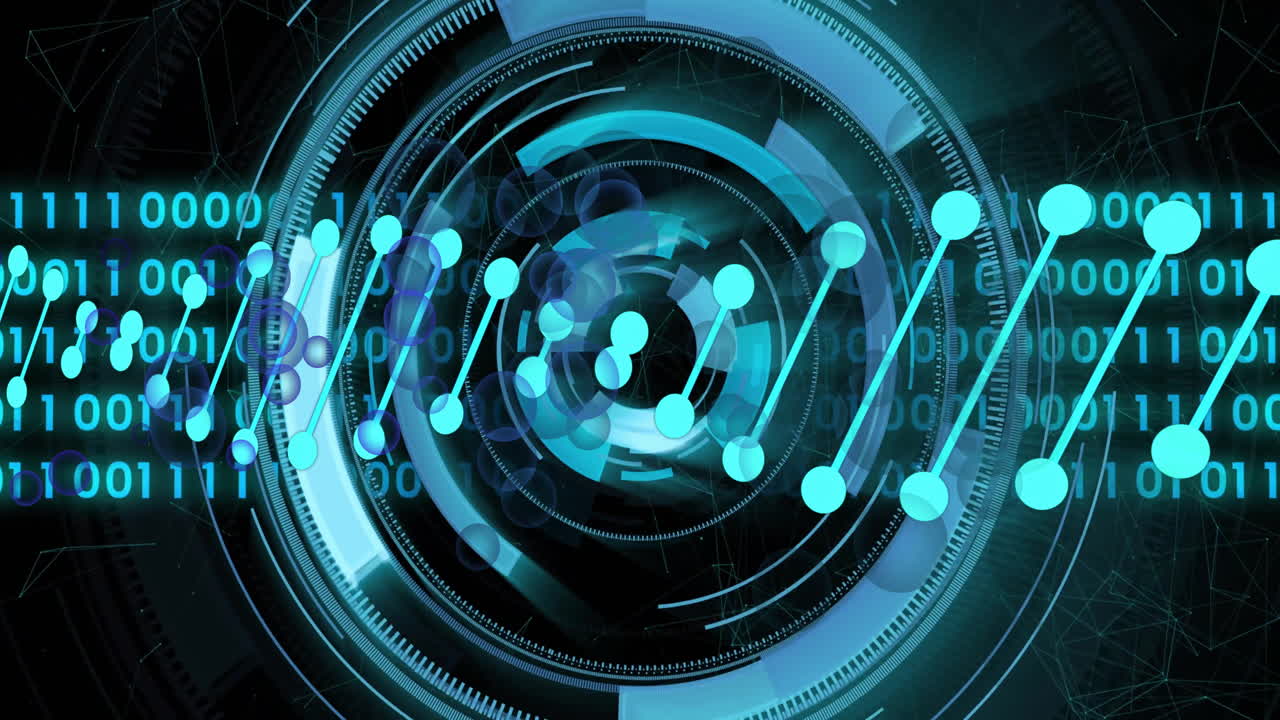 código binario y interfaz digital circular con puntos de datos, animación futurista