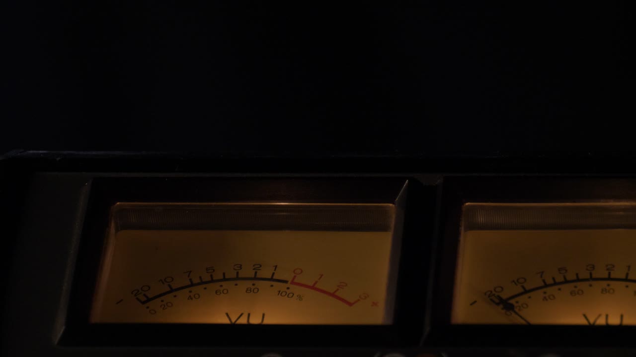 Analog VU meter, vintage VU meter with a needle indicating volume levels.