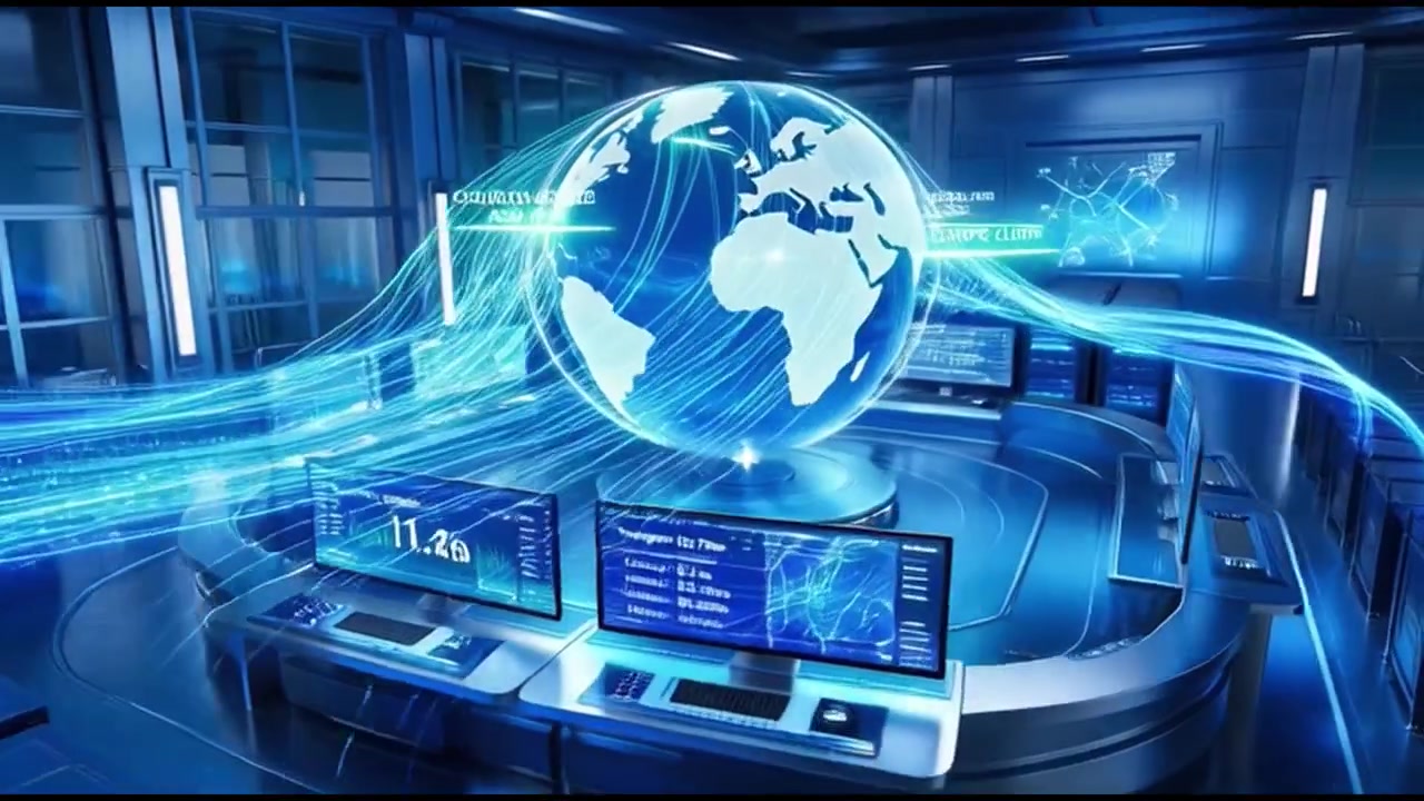 Digital Data Flow and Global Network Connectivity in a Futuristic Server Room