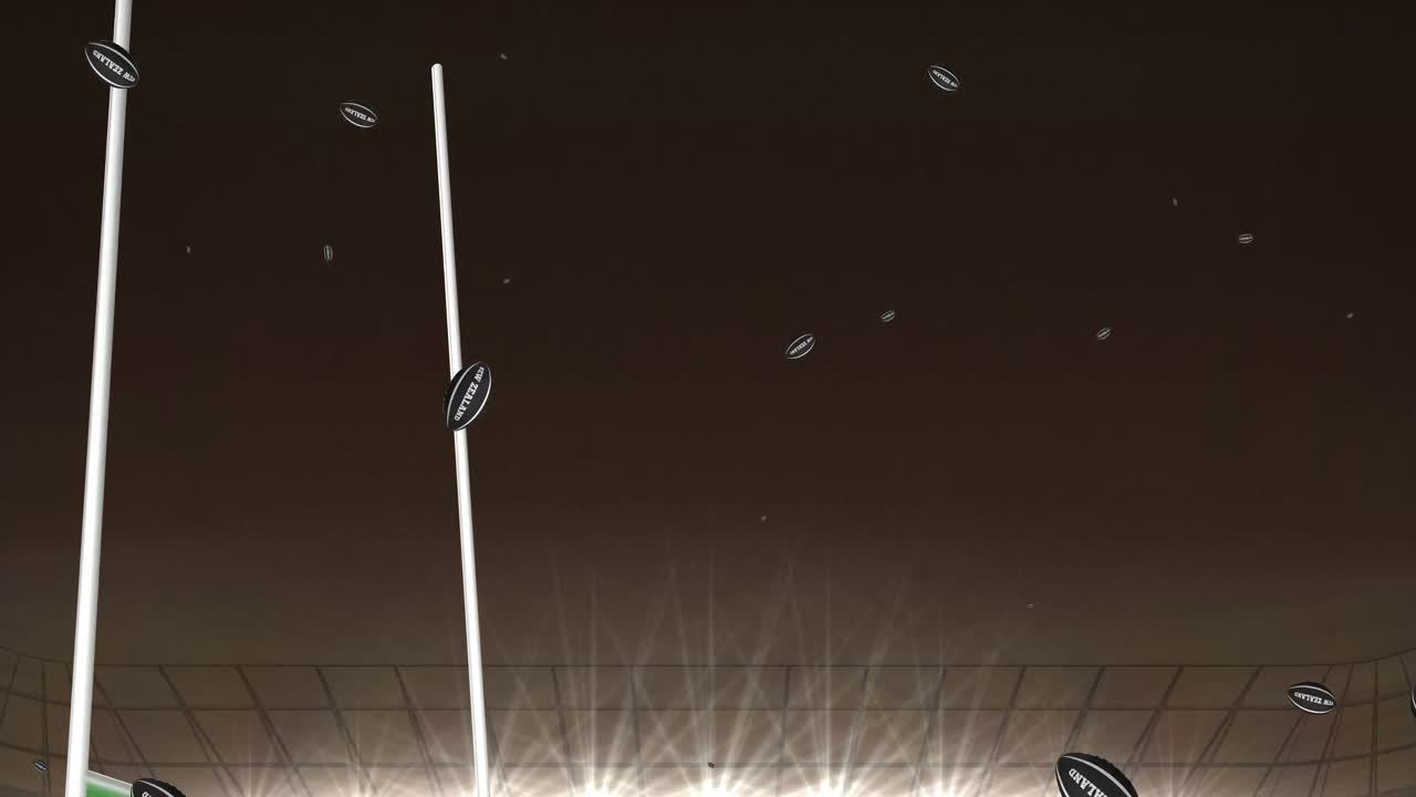 스타디움에서 뉴질랜드 텍스트와 함께 검은 색 럭비 공의 애니메이션