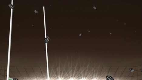 animation of black rugby balls with new zealand text at stadium
