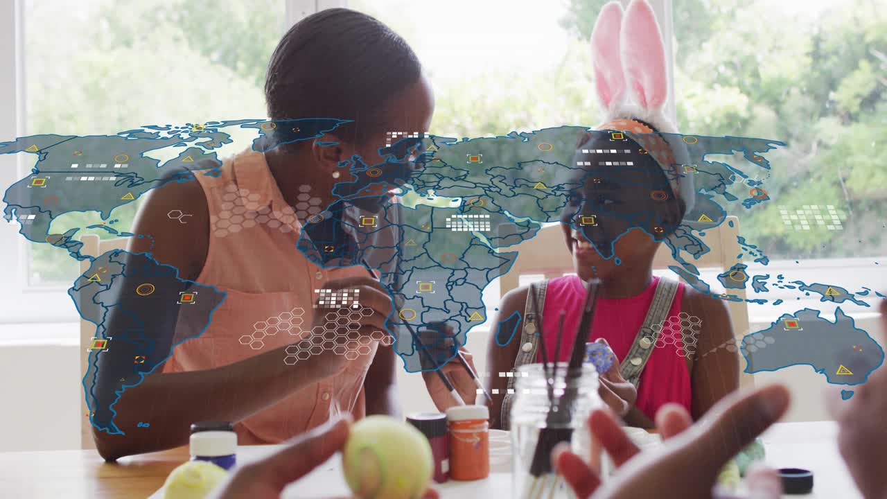 Mom guiding girl painting eggs at table, hands passing eggs and brush, tech map overlay growing