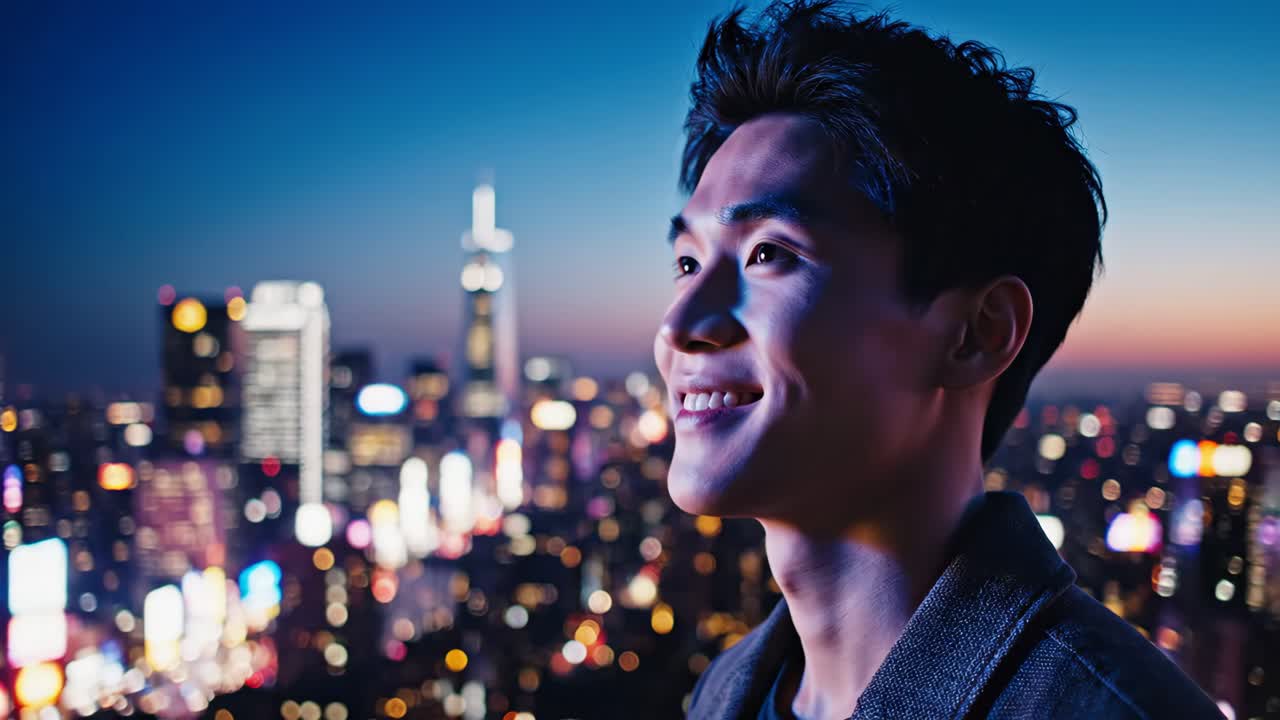 Man on a rooftop at night with city lights