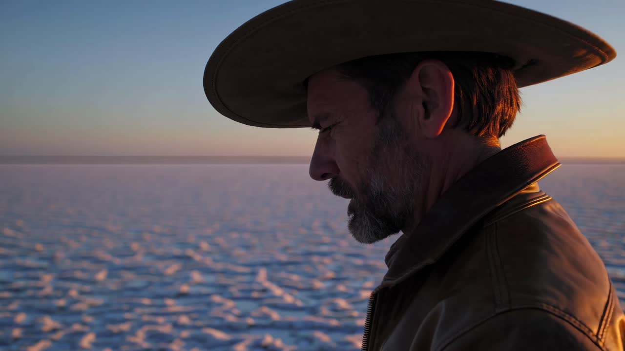 Man in Cowboy Hat at Sunset on a Salt Flat