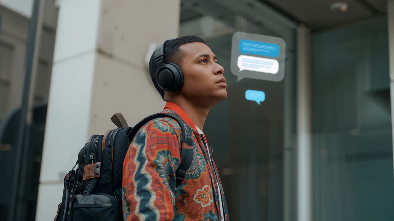 Receiving chat bubbles man in bomber jacket gazing upward on sidewalk, with backpack and headphones
