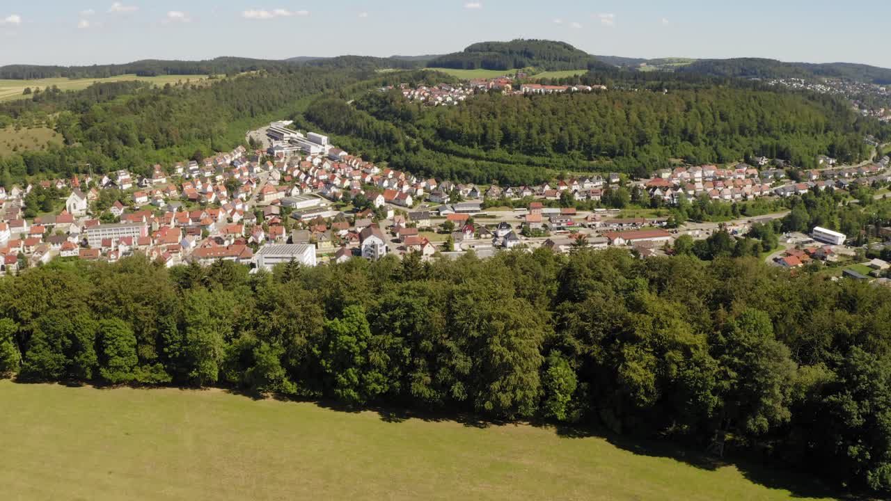 Aerial view over the Swabian Alb with two birds fyling over a forest line in front of a tiny town. At the end of the footage the drone is panning left to see a green avenue