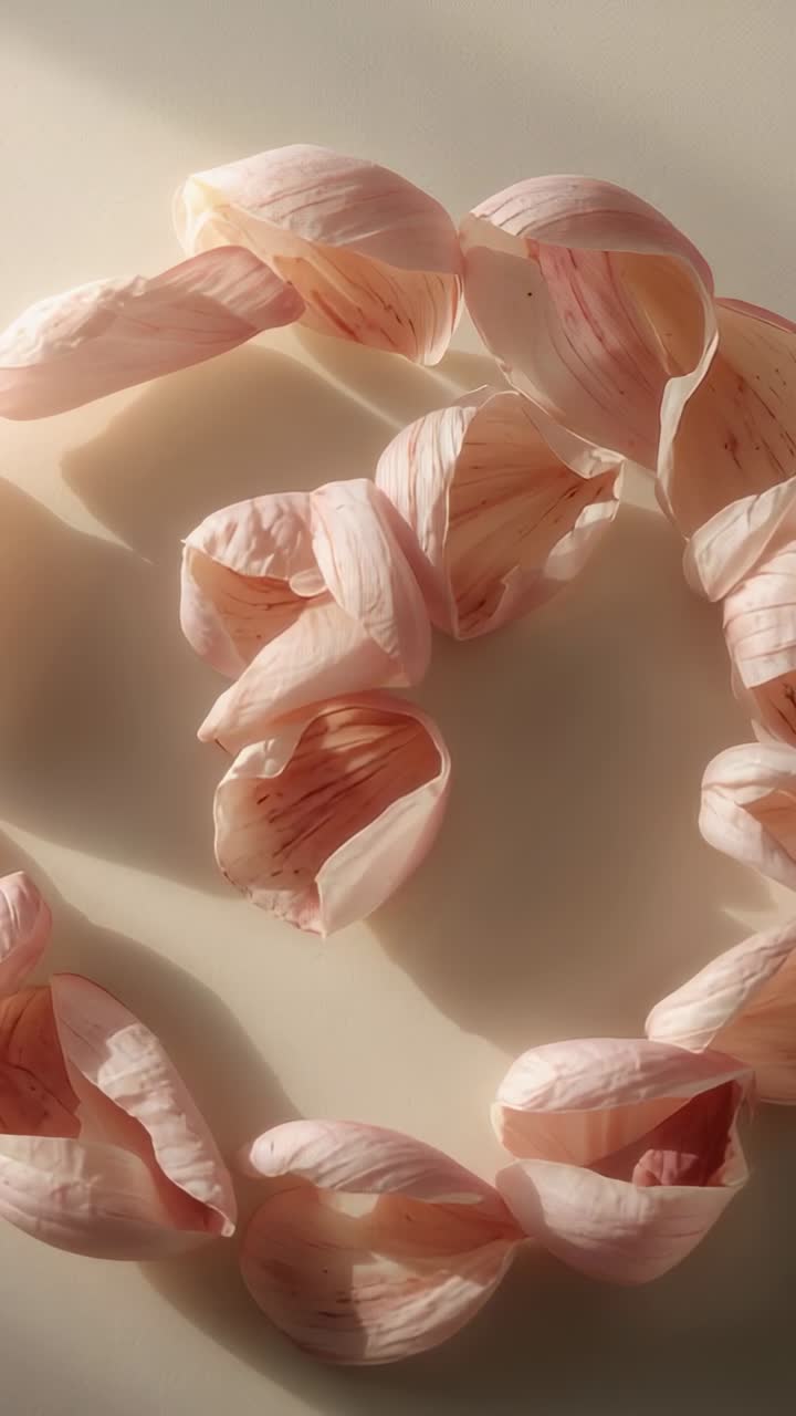 Vidéo verticale : la lumière du soleil changeante provoque un cadrage serré montrant des pétales pâles veinés sur une table couleur crème