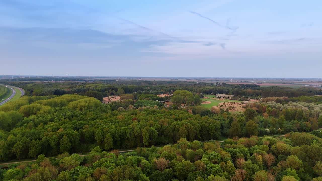 Expansive green forest landscape view. Lush green forest stretches across the horizon under a clear blue sky. Rolling hills and a highway are visible nearby