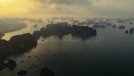 an aerial view of the scenic ha long bay in vietnam during the evening, showcasing the rugged, limestone islands emerging from the tranquil waters